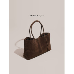 ZERMA真皮女包秋冬新款磨砂頭層牛皮公文包大容量單肩托特包通勤