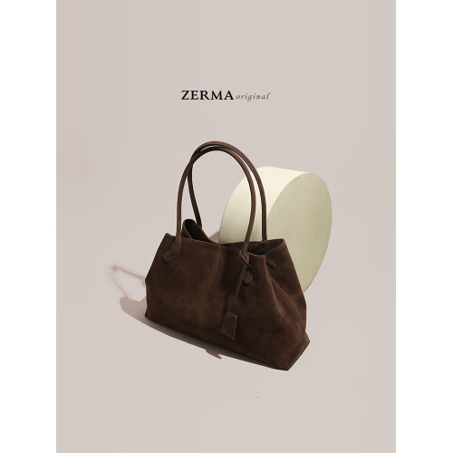 ZERMA真皮女包秋冬新款磨砂頭層牛皮公文包大容量單肩托特包通勤