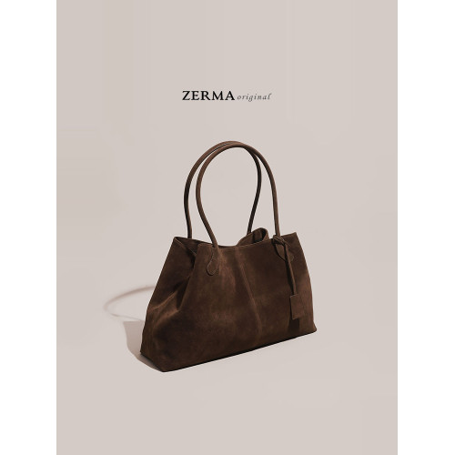 ZERMA真皮女包秋冬新款磨砂頭層牛皮公文包大容量單肩托特包通勤