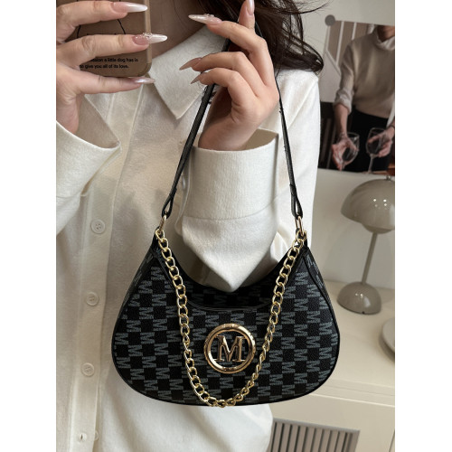 高級質感法式復古腋下女士包包新款休閒單肩包百搭印花鏈條馬鞍包