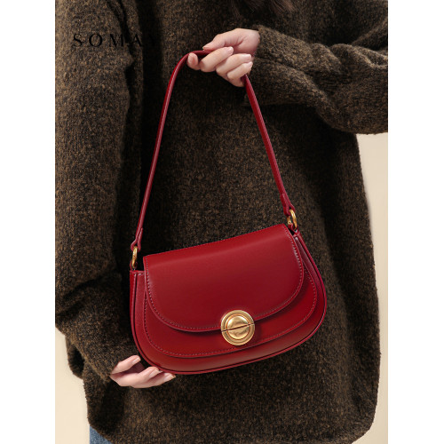 馬鞍包包女式2026新款秋冬百搭單肩斜後後背包女款小衆紅色婚包女包小