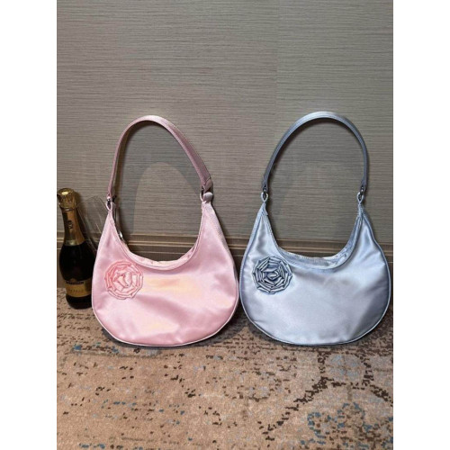 hai花朵月牙包包小衆設計淑女復古絲綢緞面玫瑰花手拎腋下單肩包