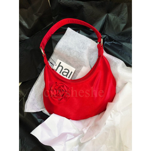 hai花朵月牙包包小衆設計淑女復古絲綢緞面玫瑰花手拎腋下單肩包