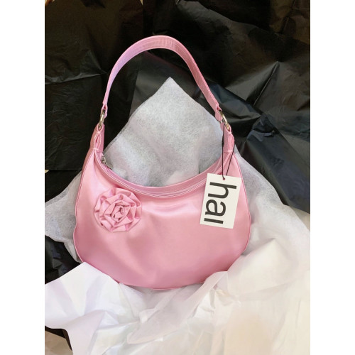 hai花朵月牙包包小衆設計淑女復古絲綢緞面玫瑰花手拎腋下單肩包