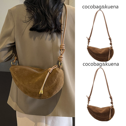 秋冬季小衆麂皮絨牛角手機包包女士2025新款單肩斜背馬鞍包餃子包