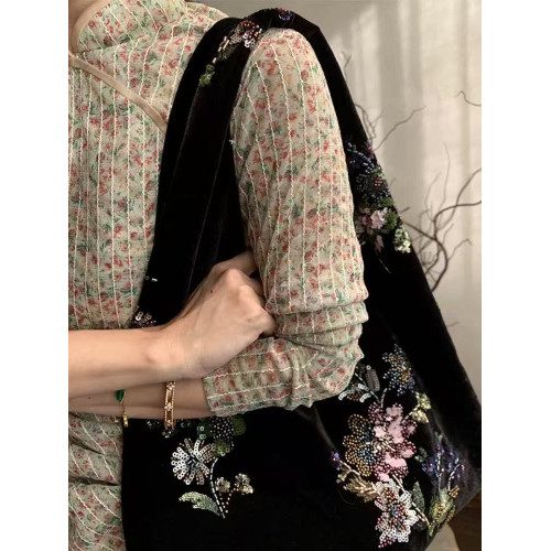 絲絨刺綉單肩包女2026春季新款大包原創小衆新中式氣質百搭腋下包