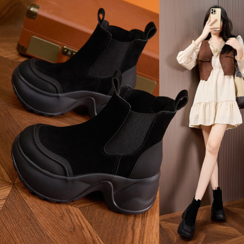 真皮內增高馬丁靴女2025秋冬季新款加絨英倫風厚底菸筒切爾西短靴