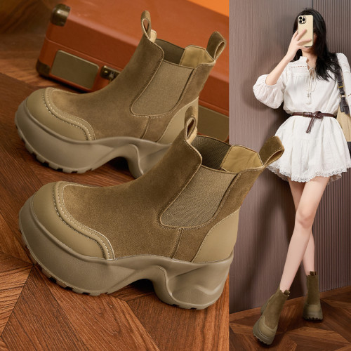 真皮內增高馬丁靴女2025秋冬季新款加絨英倫風厚底菸筒切爾西短靴