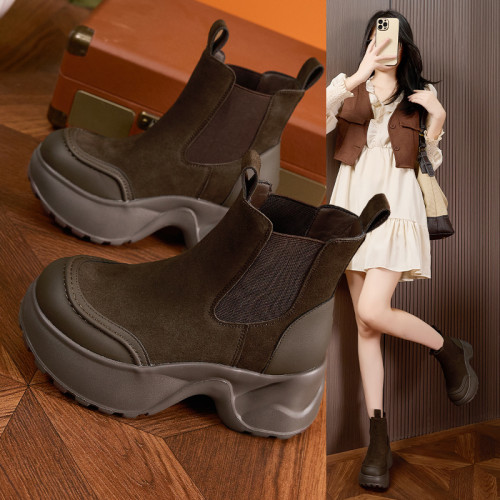 真皮內增高馬丁靴女2025秋冬季新款加絨英倫風厚底菸筒切爾西短靴