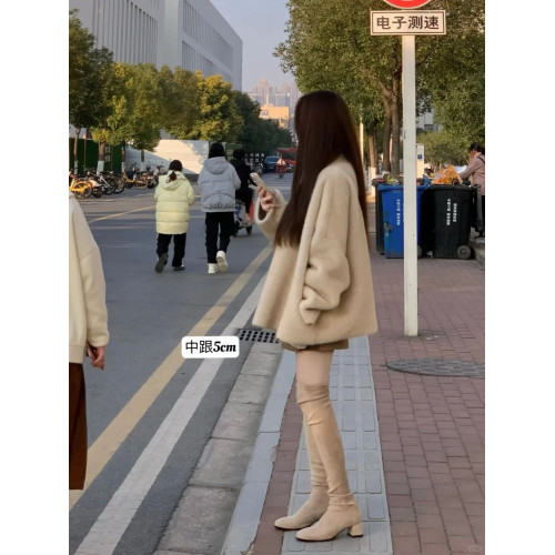 西魚許5050方頭粗跟瘦腿過膝長靴女高跟高筒靴秋冬顯瘦彈力長筒靴