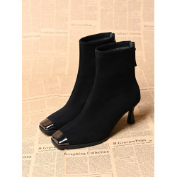 品牌真皮方頭短靴女新款高跟絨面後拉鍊氣質馬丁靴秋冬百搭彈力靴