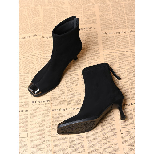 品牌真皮方頭短靴女新款高跟絨面後拉鍊氣質馬丁靴秋冬百搭彈力靴 品牌真皮方頭短靴女新款高跟絨面後拉鍊氣質馬丁靴秋冬百搭彈力靴