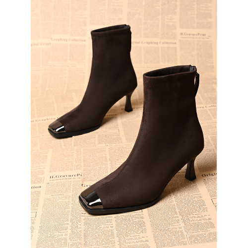 品牌真皮方頭短靴女新款高跟絨面後拉鍊氣質馬丁靴秋冬百搭彈力靴 品牌真皮方頭短靴女新款高跟絨面後拉鍊氣質馬丁靴秋冬百搭彈力靴