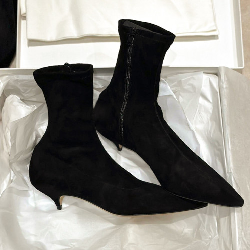 法式彈力瘦瘦靴尖頭側拉鍊2025年新款黑色絨面韓系小踝靴貓跟短靴