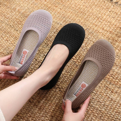 老北京布鞋女夏季飛織網面透氣豆豆鞋軟底軟面媽媽鞋淺口鏤空涼鞋