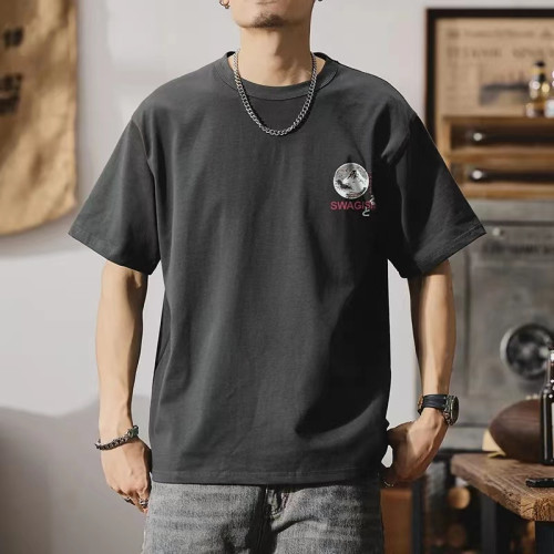 重磅純棉男士短袖t恤男美式個性字母印花圓領夏季260g半袖體恤衫