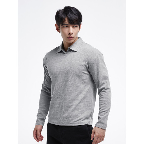 秋冬新款t恤新中式亨利領長袖polo衫簡約純色健身男士上衣