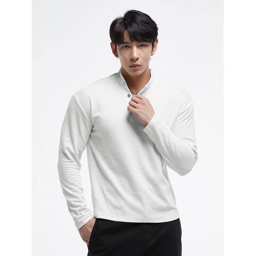 秋冬新款t恤新中式亨利領長袖polo衫簡約純色健身男士上衣