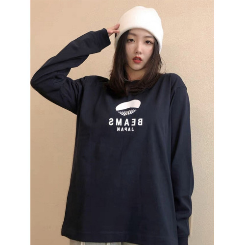 BEAMS經典富士山印花長袖T恤男圓領日系潮牌寬鬆純棉套頭打底上衣