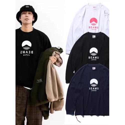 BEAMS經典富士山印花長袖T恤男圓領日系潮牌寬鬆純棉套頭打底上衣