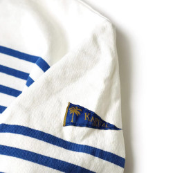 22AW KAPITAL 平田和宏 純棉寬鬆藍白條紋三旗長袖笑臉拼接打底衫