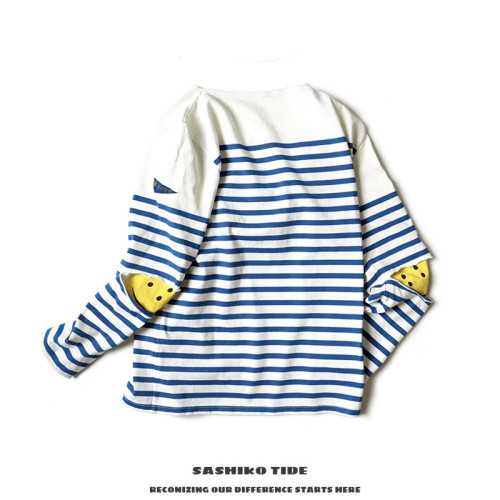 22AW KAPITAL 平田和宏 純棉寬鬆藍白條紋三旗長袖笑臉拼接打底衫