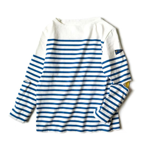 22AW KAPITAL 平田和宏 純棉寬鬆藍白條紋三旗長袖笑臉拼接打底衫