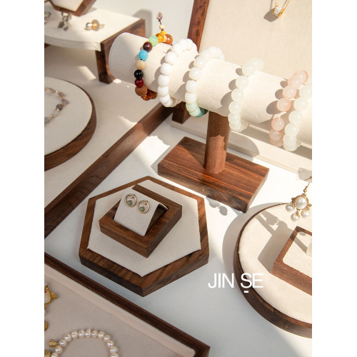 胡桃木米色絨布大組合飾品陳列櫥窗道具擺攤首飾架項鍊架手鐲架