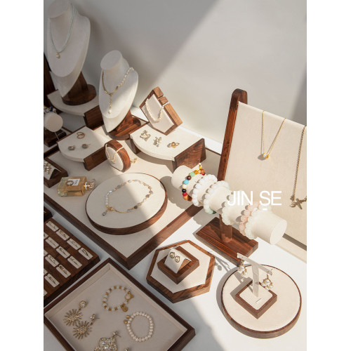 胡桃木米色絨布大組合飾品陳列櫥窗道具擺攤首飾架項鍊架手鐲架