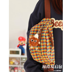 日系ins胸包女2026新款潮毛呢斜後後背包小衆千鳥格子輕便小香風腰包