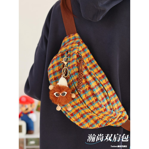 日系ins胸包女2026新款潮毛呢斜後後背包小衆千鳥格子輕便小香風腰包