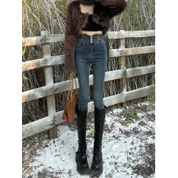 拉夏貝爾復古藍高腰緊身加絨牛仔褲女2026秋冬新款修身鉛筆小腳褲