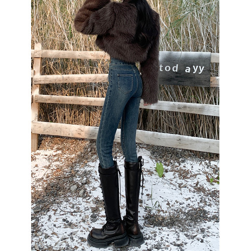 拉夏貝爾復古藍高腰緊身加絨牛仔褲女2026秋冬新款修身鉛筆小腳褲 拉夏貝爾復古藍高腰緊身加絨牛仔褲女2026秋冬新款修身鉛筆小腳褲