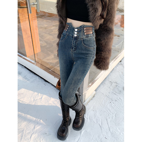 拉夏貝爾復古藍高腰緊身加絨牛仔褲女2026秋冬新款修身鉛筆小腳褲 拉夏貝爾復古藍高腰緊身加絨牛仔褲女2026秋冬新款修身鉛筆小腳褲