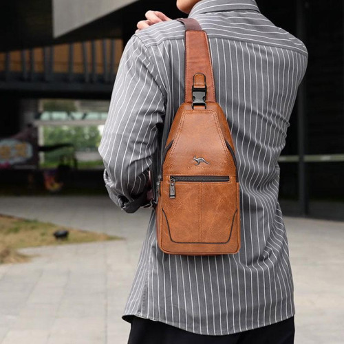 男士胸包單肩斜背小後後背包復古二層牛皮小包包男款時尚休閒胸前挎包