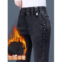 牛仔褲女冬季大碼小腳褲松緊腰顯瘦緊身加絨加厚鉛筆褲胖mm長褲子