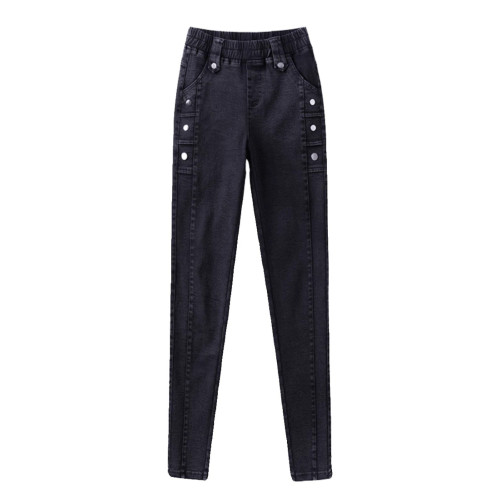 牛仔褲女冬季大碼小腳褲松緊腰顯瘦緊身加絨加厚鉛筆褲胖mm長褲子