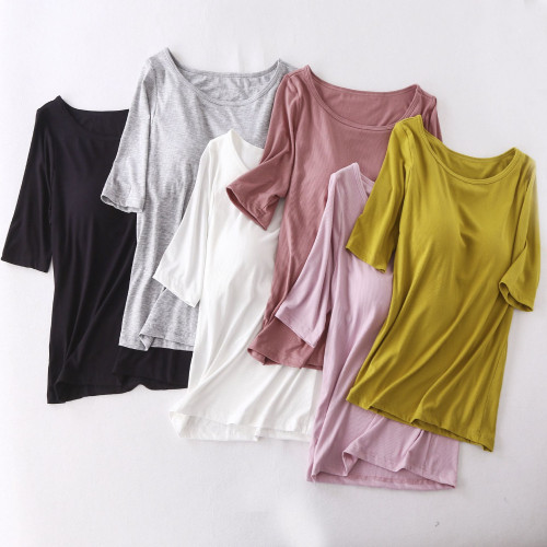 羅紋莫代爾帶胸墊五分袖T恤女夏免文胸短袖睡衣家居服可外穿上衣