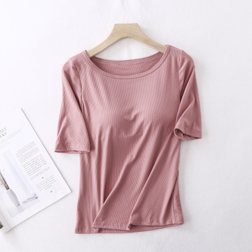 羅紋莫代爾帶胸墊五分袖T恤女夏免文胸短袖睡衣家居服可外穿上衣