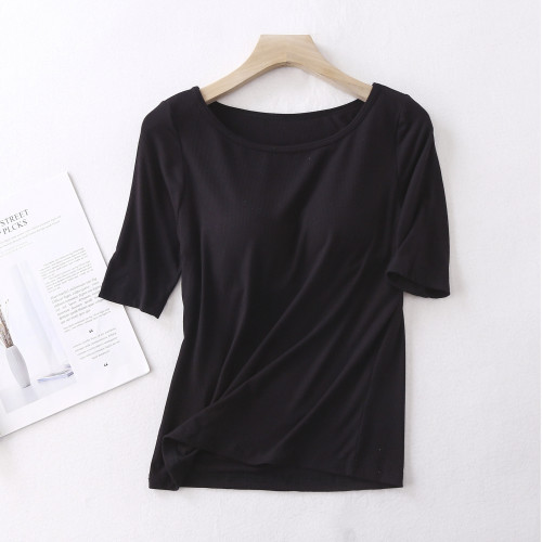 羅紋莫代爾帶胸墊五分袖T恤女夏免文胸短袖睡衣家居服可外穿上衣