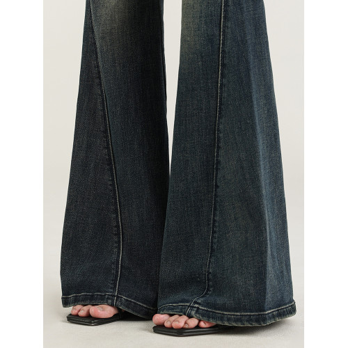 氣質設計感美式復古藍微喇牛仔褲女春季新款修身拖地緊身喇叭褲子