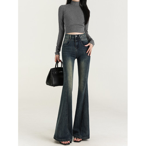 氣質設計感美式復古藍微喇牛仔褲女春季新款修身拖地緊身喇叭褲子