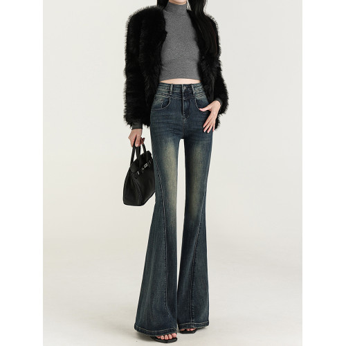 氣質設計感美式復古藍微喇牛仔褲女春季新款修身拖地緊身喇叭褲子