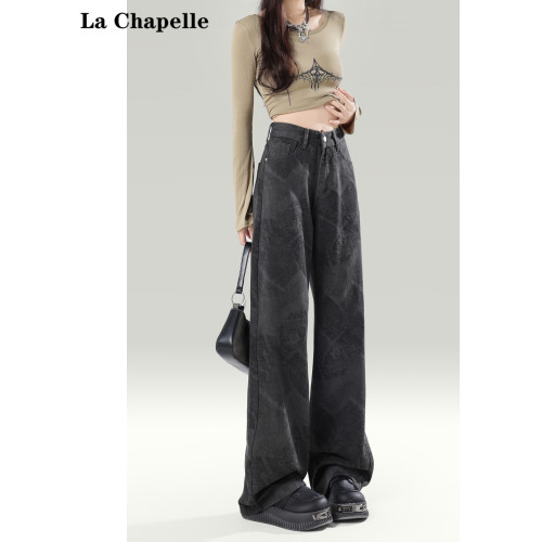 拉夏貝爾黑色濶腿牛仔褲女2026新款春季高腰顯瘦直筒寬鬆垂感褲子