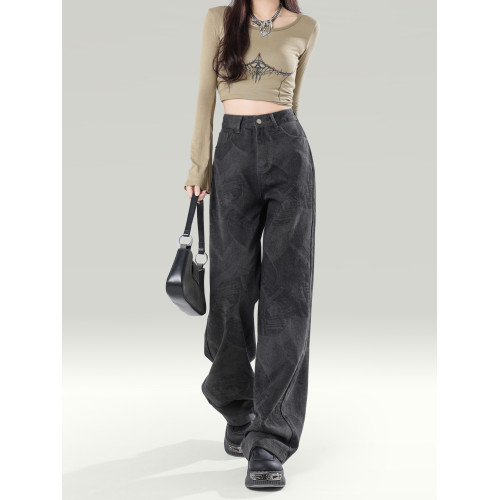 拉夏貝爾黑色濶腿牛仔褲女2026新款春季高腰顯瘦直筒寬鬆垂感褲子