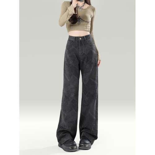 拉夏貝爾黑色濶腿牛仔褲女2026新款春季高腰顯瘦直筒寬鬆垂感褲子