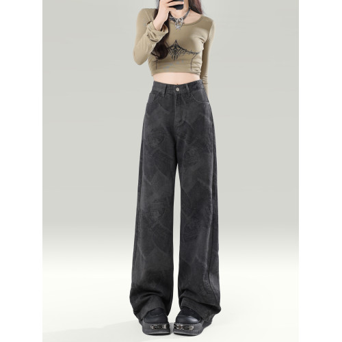 拉夏貝爾黑色濶腿牛仔褲女2026新款春季高腰顯瘦直筒寬鬆垂感褲子