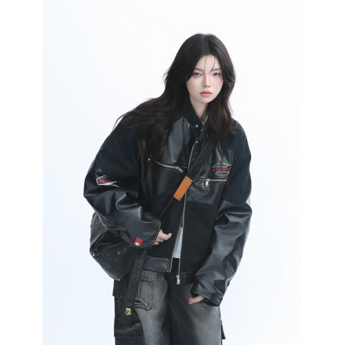 【坐吃山空】美式復古黑色皮衣外套女秋冬新款機車風加厚夾棉夾克