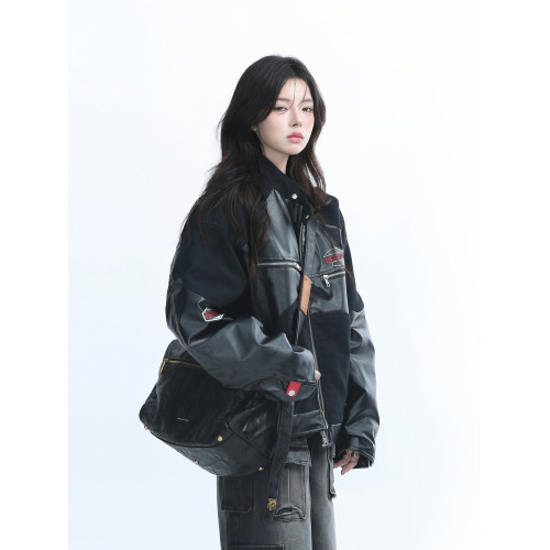 【坐吃山空】美式復古黑色皮衣外套女秋冬新款機車風加厚夾棉夾克