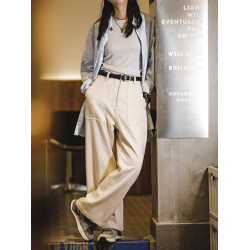 馬登老錢風米白色直筒高腰濶腿牛仔褲垂墜感寬鬆工裝休閒長褲子女